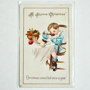 1914 Antique A Joyous Christmas Postcard Comes But Once a Year Boy Table